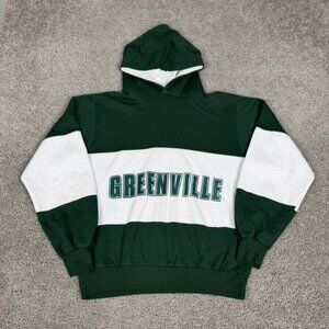 VTG Greenville Hoodie Mens XL Green White Colorblock Fleece Pullover Stripe 80s
